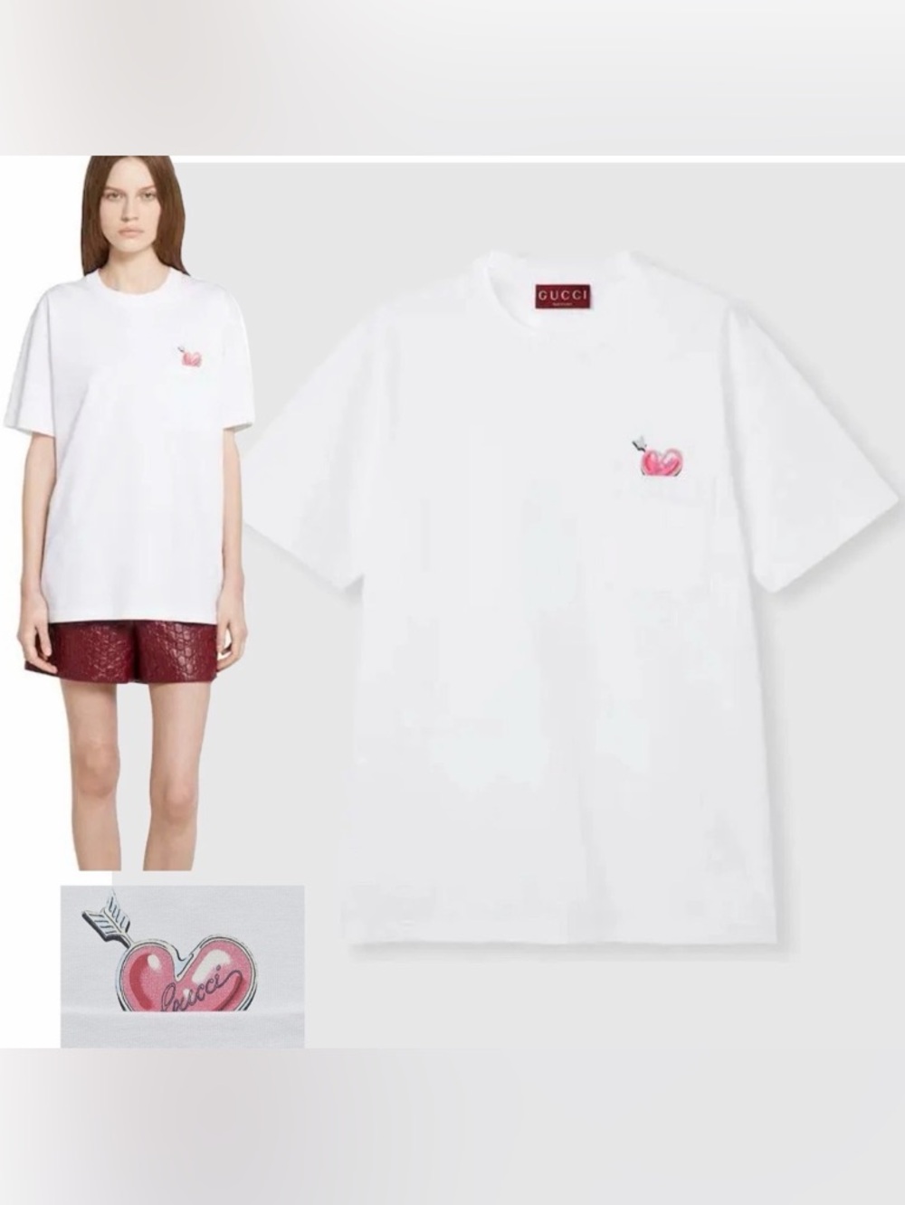 Brand New Womens Gucci White Heart INJI SEO T-shirt Size Medium